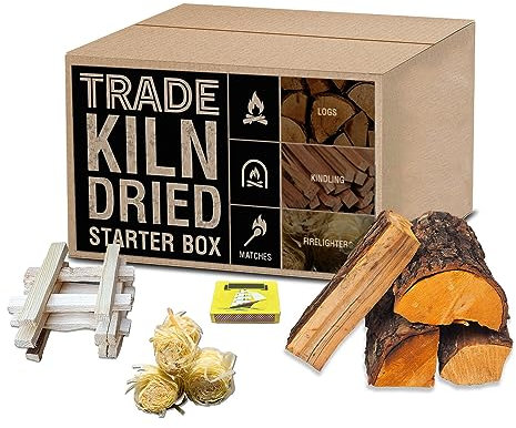 Trade Kiln Dried Starter Box-Premium Kiln Dried Hardwood Logs, Kindling, Eco Wood Wool Firelighters and Matches-Ready To Burn-Space Saving Recyclable Pack- (1 Pack)