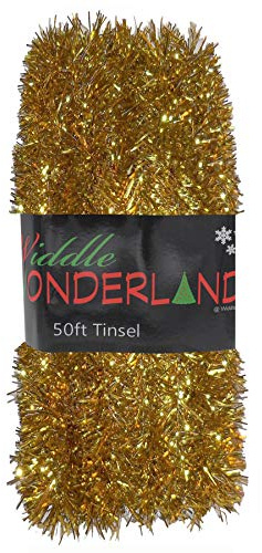 50ft x 3cm Gold Tinsel Extra Long 15 Metre Christmas Decoration, Crafting, Christmas Trees and Party Decorations (Gold)