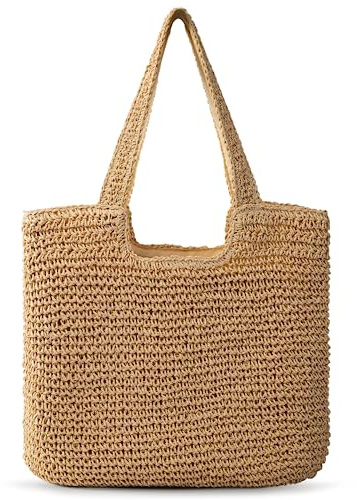 Trifabricy Beach Bag Tote - Straw Beach Bag for Women, Large Woven Capacity Beach Tote, Summer Handbag Shoulder Bag, Khaki