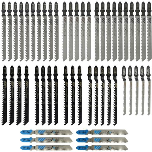 TRUEIN 52 Pcs Jigsaw Blades, High Carbon Steel Jigsaw Blades Set for Wood and Metal Cutting, Straight and Fast Cuts T-Shank Jig Saw Blade Set Compatible with Bosch, Dewalt, Makita, Milwaukee etc