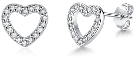 Loutade Sterling Silver Heart Stud Earrings - Hypoallergenic Mini Cartilage Sleeper Simple Love Heart Shape Flat Silver Stud Earrings with Cubic Zircon