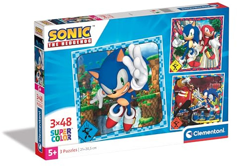 Clementoni- Sonic Supercolor Puzzle-Sonic-3x48 (Include 3 48 Pezzi) Bambini 5 Anni, Puzzle Cartoni Animati, Made in Italy, Multicolore, 25320