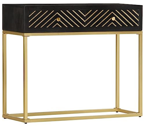 HETFTJN Konsolentisch, Eckschrank Barschrank Bücherregal Vorratsschrank Geeignet für Flur Schlafzimmer Badezimmer Wohnzimmer Schwarz und Golden 90x30x75 cm Mango Massivholz
