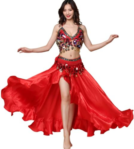 OTMYIGO Bauchtanz-Kostüm, 3-teilig, BH und Gürtel, Rock, Tanzen, Damen, Tanzkleidung, Set, Bauchtanz, indische Kleidung,Rot,L