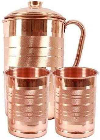 BishtHub Set di 1 brocca con 2 bicchieri in rame e argento con 2 bicchieri, brocca per bere, brocca, utensili da cucina, articolo da cucina (brocca da 2000 ml con vetro da 300 ml)