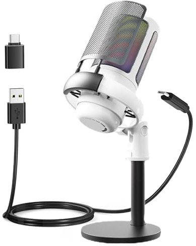 Rablue Computer Microphone, USB Gaming Mic for PC/ PS4/ PS5/ Mac/Phone, Podcast Mic with Touch Mute, Brilliant RGB Lighting, Gain knob & Monitoring Jack for Podcasting,Streaming(White)
