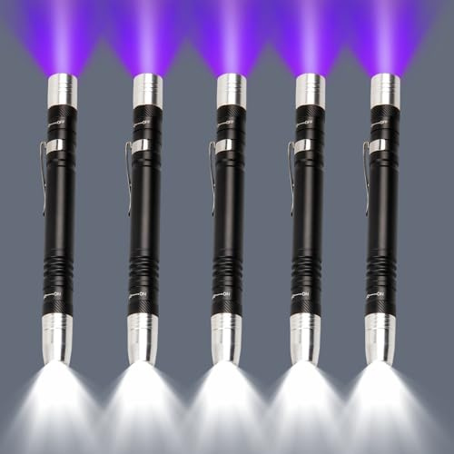 LIAISIMI Linterna UV, Linterna 2 en 1 de 395nm con Luz Violeta y Blanca, Mini Linterna Ultravioleta con Clip de Bolsillo para examen de orina de mascotas 2*AAA Pilas no Incluidas-5 Pack