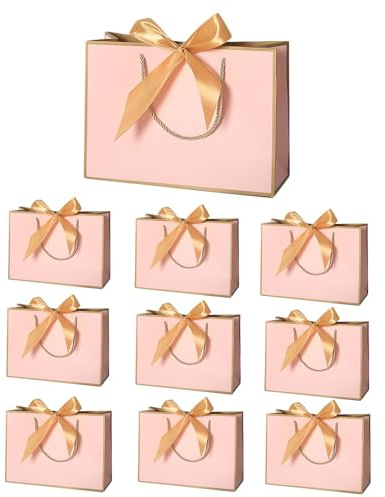 10 Stück Geschenktüten mit Schleifenbändern 19 x 15 x 7 cm Papiertüten mit Henkel Geburtstag Geschenktaschen mit Fliege Praktische Papiertüten für Weihnachten Hochzeit Festivalfeier Valentinstag