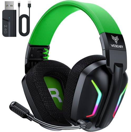 WESEARY WG1 Cascos Gaming Inalambricos, Auriculares Gaming Inalambricos para PS5, PS4, PC, Switch, Sonido Estéreo Auriculares Gaming con Microfono, Cascos con Luz LED, Duración 50Hr+