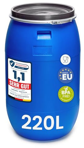 Garronda 220 Liter Regentonne mit Deckel Weithalsfass aus HDPE Regenfass für Garten Fass 220l Regenwassertonne Futtertonne Wasserbehälter Universalfass Wasserfass Regentonnen Wassertank GD-0078, Blau