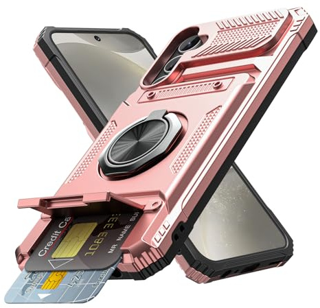 Coolden for Samsung S24 Case with Card Holder [Max 2 Cards] Ring Kickstand Shockproof Military Grade Heavy Duty Protective Wallet Cases Cover for Samsung Galaxy S24 Case-Rose Gold