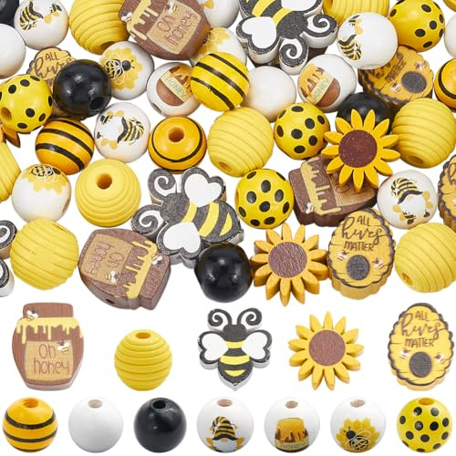 SOFPLATE 200 pièce de 12 styles de Perles en Nid D'Abeille en Bois Pot de Miel en Vrac Printemps Été Fleur Jaune Ferme Rustique Artisanat D'Abeille Perles en Bois en Vrac pour Bracelets Colliers de Pe