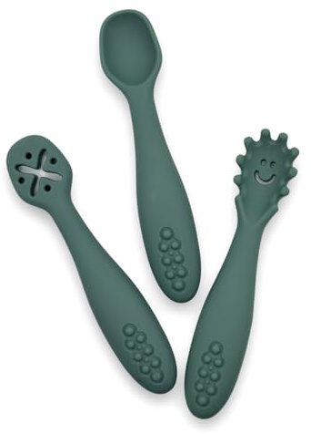 leyla&e Baby Esslernlöffel (3er Set) für eigenständiges Essen | BPA-frei & LFGB-zertifiziert | Spülmaschinenfester Silikonlöffel | Lernlöffel geeignet für BLW (Forest Green)