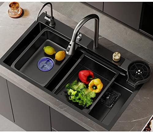 JXDWTL Évier Cascade en Acier Inoxydable 304 - Cuve Simple avec Lave-Vaisselle | Installation sous Plan ou encastrée - Évier de Cuisine