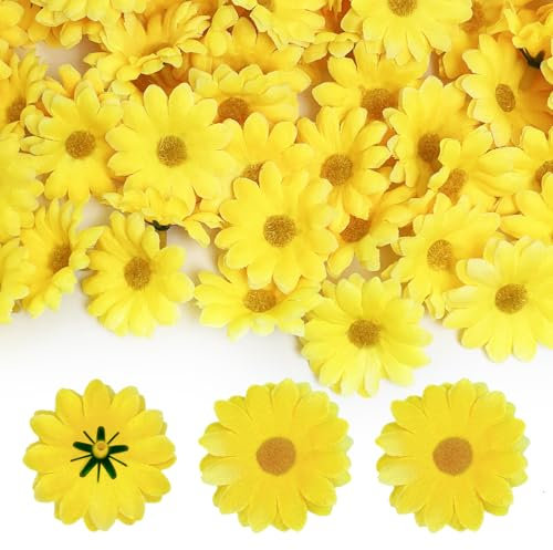 YIAJIA 100Pcs Silk Artificial Gerber Daisy Flowers, Dried Daisies DIY Craft Decoration, Easter Chrysanthemum Flowers for Easter Bonnet Craft Decoration (Yellow)