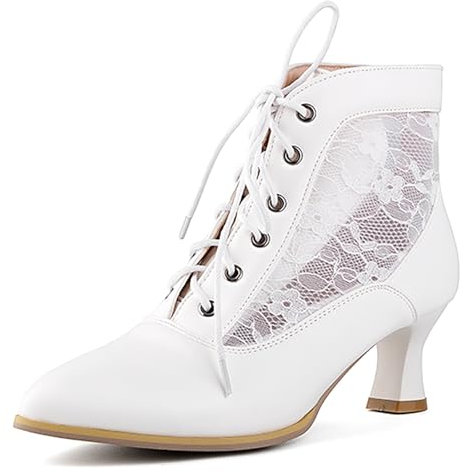 ErikenUrben Women's Vintage Victorian Boots Lace Bridal Wedding Ankle Boots Closed Toe Mesh Kitten Heel Booties White Size 39
