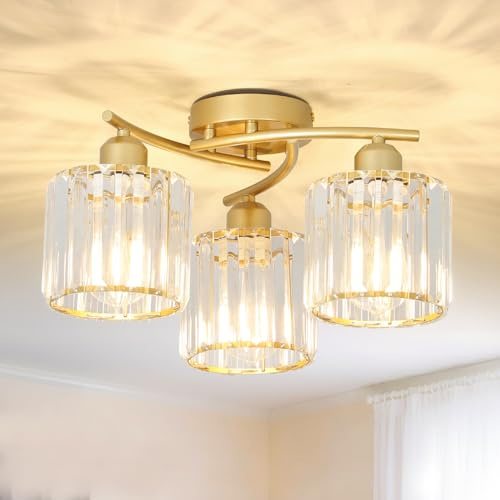 Rayofly Gold Ceiling Lights Living Room, 3-Light Modern Crystal Chandeliers Ceiling Light, Flush Ceiling Lamp Fitting with Glass Lampshade, Gold Crystal Chandelier for Hallway, Bathroom, Kitchen