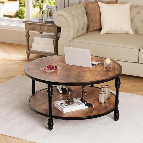 Couchtisch rund Beistelltisch Couch Sofatisch aus Holz, Römische Säulenbeine, Couchtisch mit Stauraum und Ablage für Wohnzimmer, Einfacher Aufbau Wohnzimmertisch, Moderner Stil, 68 x 68 x 45 CM