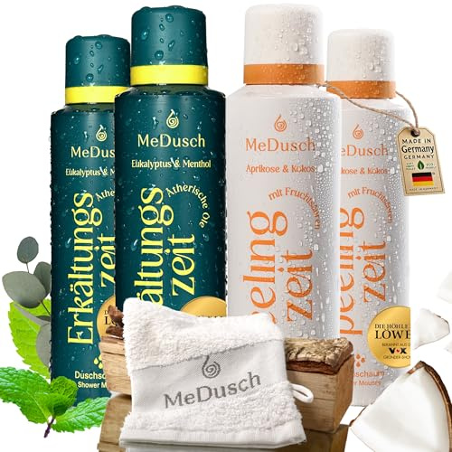 MeDusch Duschschaum Geschenkset Damen und Herren Erkältungsdusche-Set - Gesundheitsbäder für die Dusche - 2x Erkältungszeit, 2x Peelingzeit & 1x Waschhandschuh (4x 200ml)