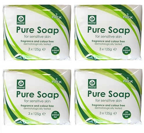 Fitzroy Pure Soap 12 x 125g | For Sensitive Skin | Fragrance Free & Colour Free | Hand, Face & Body Wash | Mens & Womens Cleansing Bath Bar | Vegetarian Friendly | Dermatologically Tested