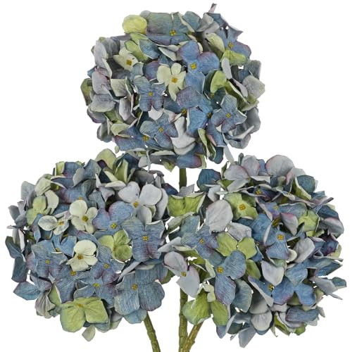 Oairse Lot de 3 fleurs artificielles bleues d'hortensia en soie texturée séchée avec tiges - 49,8 cm - Bouquet de fleurs artificielles en vrac pour table, mariage, décoration d'intérieur