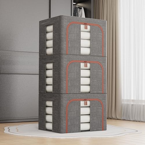 100L Grey Cloth Storage Boxes,3Pcs Clothes Storage Bins with Metal Frame,Foldable Fabric Bins Organizer for Clothes,Stackable Openings Cloth Storage Bin with Lid,Clear Windows,Zippers,Durable Handles