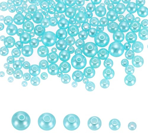 sourcing map 300Pcs Mixed Pearl Beads, 3-8mm Round Loose Crafts Beads with Hole, Plastic Bulk Decoration Spacer for Vase Fillers, Table Scatters, Water Blue