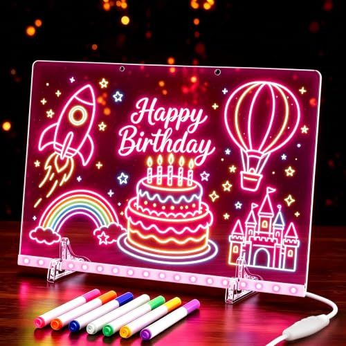 Luminous LED Drawing Board for Children Doodle Glow 7 Colors Light Drawing Board Kids Acrylic Dry Erase LED Writing Board with 7 Colors Pen, Hanging Chain and Stands