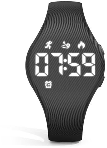 Focwony Kids Led Digtial Fitness Tracker Watch for Ages 5-15, No App Waterproof Wristwatch, with Pedometer Step Counter Alarm Clock, for Children Goys Girls Teens (Black)