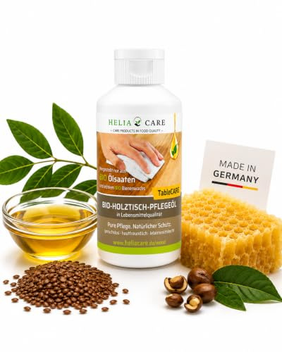 HeliaCARE Tisch Öl - Bio Holztisch Pflege aus Deutschland (250ml) | Für Esstische und Tischplatten: Natürliches Holzpflegeöl mit Bienenwachs für eine tiefenwirksame und gepflegte Holzoptik