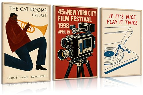 3Pcs Vintage Jazz Music Wall Art Classic Film Festival and Gramophone Pictures Wall Decor Movie Posters Vinyl Record Player Painting Print Artwork for Bar Pub Home Movie Theater Media Room, Unframed