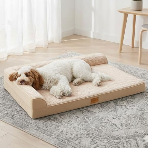 Jolibean Orthopedic Large Dog Bed Washable Pet Sofa Bed 107x71cm Ivory | Soft Egg Crate Foam Pet Couch Bed Large Sized Dog, Waterproof Removable Cover, 2-Sided Dog Crate Mat With Non-Slip Bottom