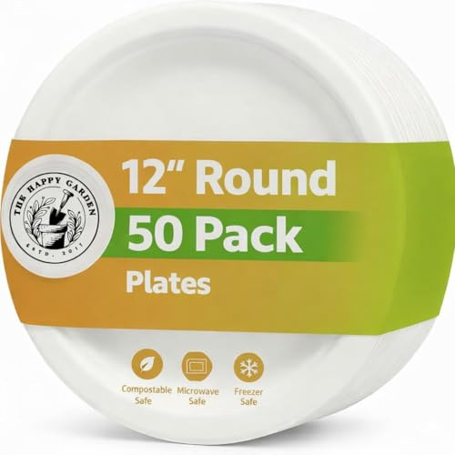 The Happy Garden Bagasse Plates, 12 Inch Round (Pack of 50) - Heavy Duty Disposable Plate, Eco Friendly Sugarcane Dishes, Compostable Party Plates, Microwave & Freezer Safe