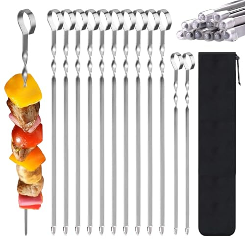 MINGBOLIN Lot de 12 brochettes de barbecue en acier inoxydable - Brochettes à chachlyk - Brochettes à viande - En acier inoxydable - Réutilisables - Accessoires de barbecue avec pochette en velours