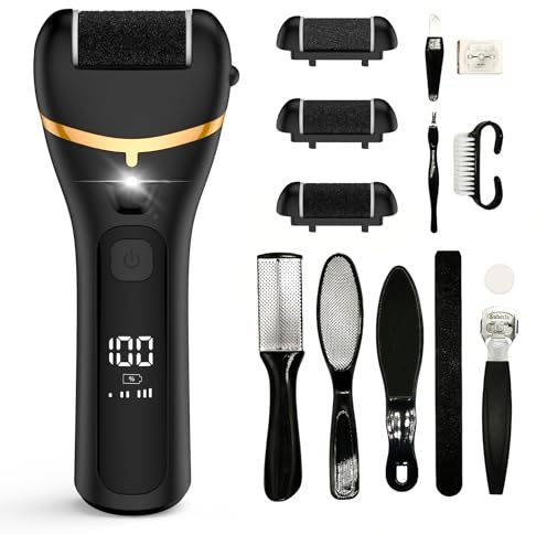 Electric Callus Remover for Feet Rechargeable Hard Skin Remover with 3 Replacement Rollers, Electric Foot Care with LED Light (Black)
