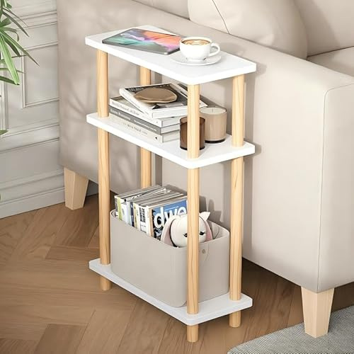 YOUDENOVA Beistelltisch Holz, Beistelltisch Schmal, 40x18x61.5 cm, 3 Tier Kleiner Tisch Für Wohnzimmer, Schlafzimmer, Balkon, Beistelltische Weiß&Natur