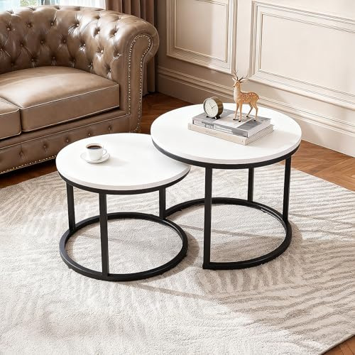 Warmiehomy Round Coffee Table,Nest of Tables Set of 2 Stacking Sofa Side Table,Nesting Tables with Sturdy Metal Frame,Nightstand Space Saving for Living Room, Bedroom(Big:60X46.5,Small:45X39.5/White)