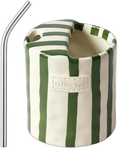 Ceramic Coffee Mugs 10 oz Retro Striped Coffee Mug No Handle with Straw | Porcelain Coffee Cups Hand-Painted Striped Art, Espresso Cup Gift for Coffee Lovers for Kitchen Dining office Travel.(Green)