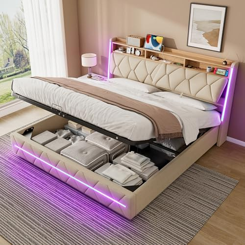 ZUUYEE Doppelbett Polsterbett 180x200 mit LED, USB C, Hydraulische Bett mit Stauraum und Kopfteil, Bettgestell mit Metallrahmen Bettkasten und Lattenrost, Bett 180x200, Beige, Leinen, ohne Matratze