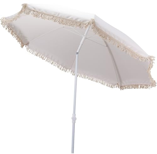 Meinposten Sonnenschirm Strandschirm Balkon Gartenschirm creme Fransen Boho chic UV30+ 155cm Picknick Campinplatz Urlaub Sonnenschutz UV Schutz