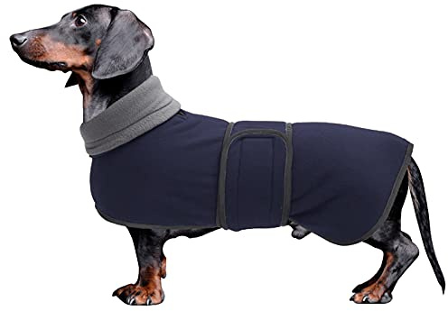 MOREZI Winterhundejacke mit wattiertem Flusenfutter, verstellbarem Klettknopf und hochklappbarem Stehkragen. Sehr gut geeignet für Dackel und kleine und mittelgroße Jagdhunde-Navy-L