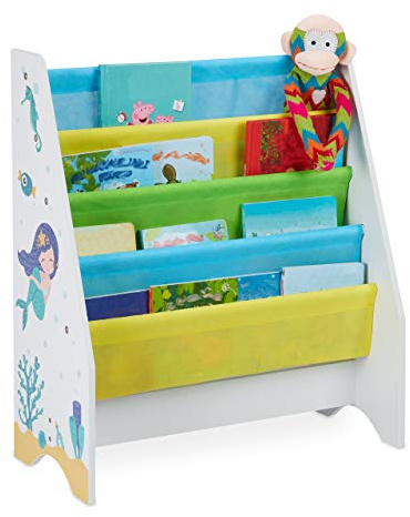 Relaxdays Kinder Bücherregal, 4 Hängefacher, Mehrfarbig | Meerjungfrau Kindermotiv, HBT: 71x62x29 cm, Bücheraufbewahrung