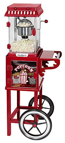 West Bend Popcorn Popper Machine Theater Style on Wheeled Cart with Non-Stick 2.5 Oz Stainless Steel Popcorn Kettle, Storage Shelf, and Popcorn Scoop, 10-Cup, Red