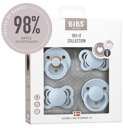 BIBS Try-it Schnuller, 0-6 Monate, 4er-Pack, Baby Blue | Verschiedene Saugerformen | Naturkautschuklatex & Silikon | Größe 1 | BPA-frei | Hergestellt in Dänemark | Hohe Akzeptanz