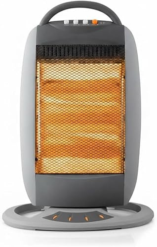 Stufa alogena oscillante. Tre livelli di potenza: 400 W-800 W-1200 W. Completamente silenziosa. Emissione istantanea di calore. Tre barre alogene