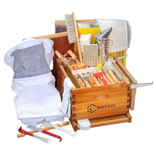 BeeCastle 10-ramars bi bikupor och tillbehör startkit, bikupa-kit doppad i 100 % bivax, bihållningsmaterial - alla nybörjarkit innehåller verktygsset för biodling och bi-kostym.
