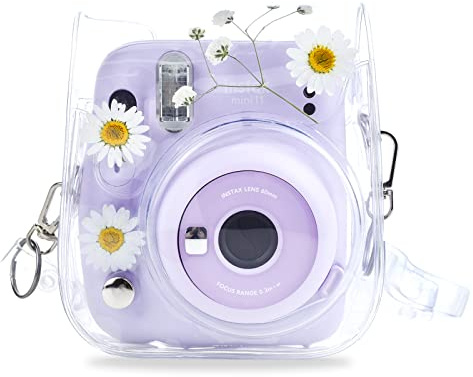 HIYQIN Housse Transparent Compatible avec Fujifilm Instax Mini 12/11/9/8/8+/40, Étui en PVC Transparent pour Polaroid Instax Mini 11 - Fleurs Blanches