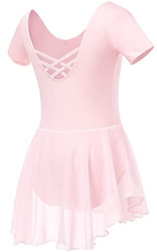 Soudittur Ballettkleidung Mädchen Ballettkleid für Kinder Baumwolle Balletttrikot Kurzarm Ballettanzug Tanzkleid Tanzbody mit Chiffon Rock Tütü(120,Rosa)