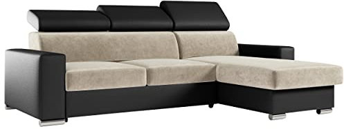 MKS MEBLE Ecksofa Wohnzimmer - Wohnlandschaft - L-Form Couch mit Schlaffunktion - Bettsofa - Wohnzimmer L Couch - Polstersofa mit Bettkasten - Fox Creme Schwarz