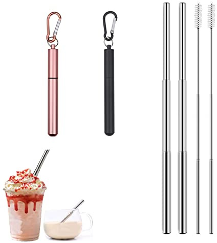 2 Pack Stainless Steel Telescopic Straw,Collapsible Straws | Reusable Portable Drinking Straws,with Key-Ring Case,Cleaning Brush,Adjustable Length 23CM,for Coffee,Smoothies,Iced Drinks